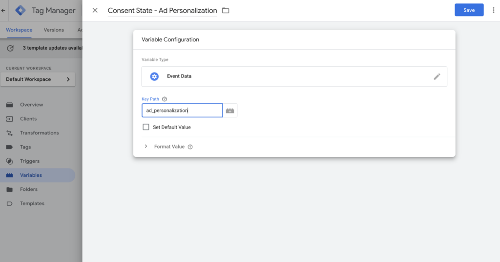 create consent state variable Consent State - Ad Personalization - server container consent mode v2