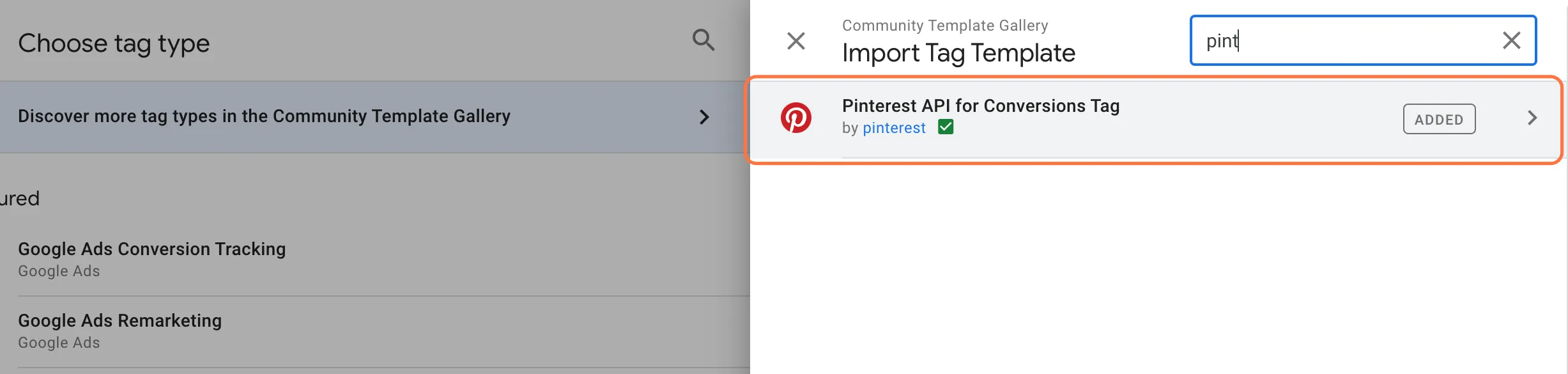 choose pinterest api for conversions tag in gtm template gallery