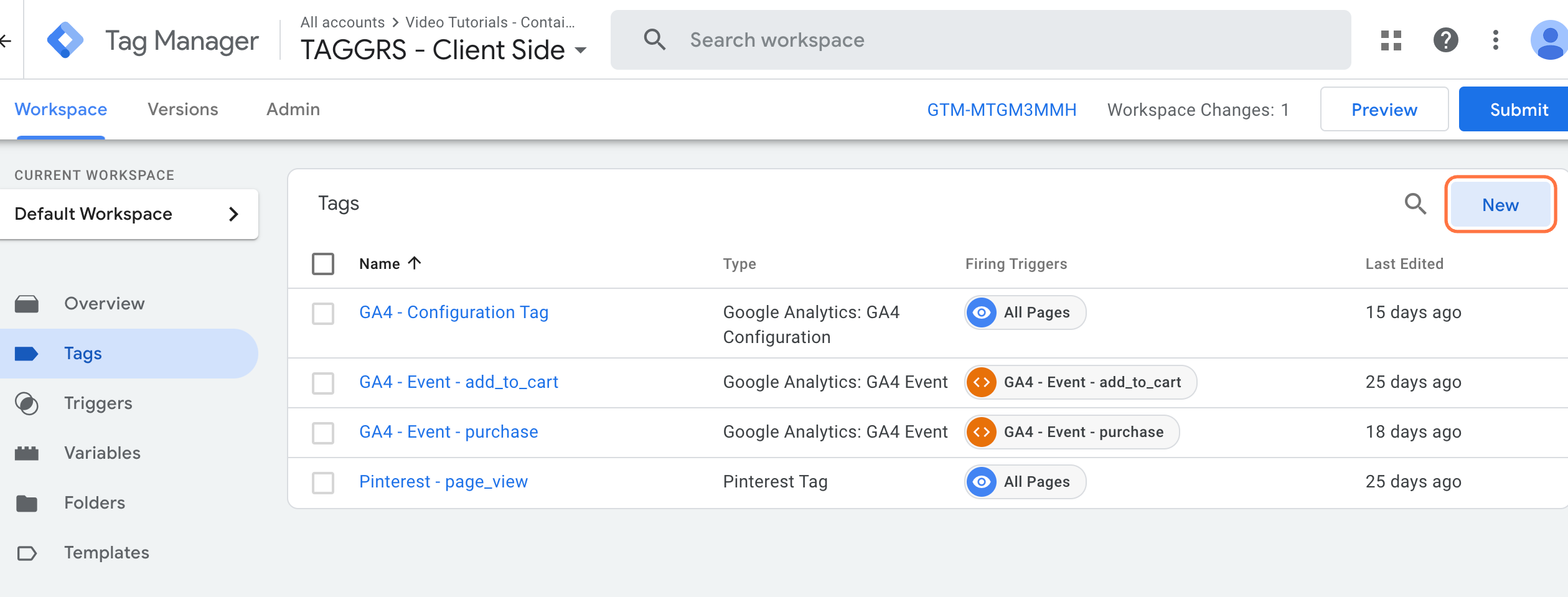 create new tag workspace google tag manager web container
