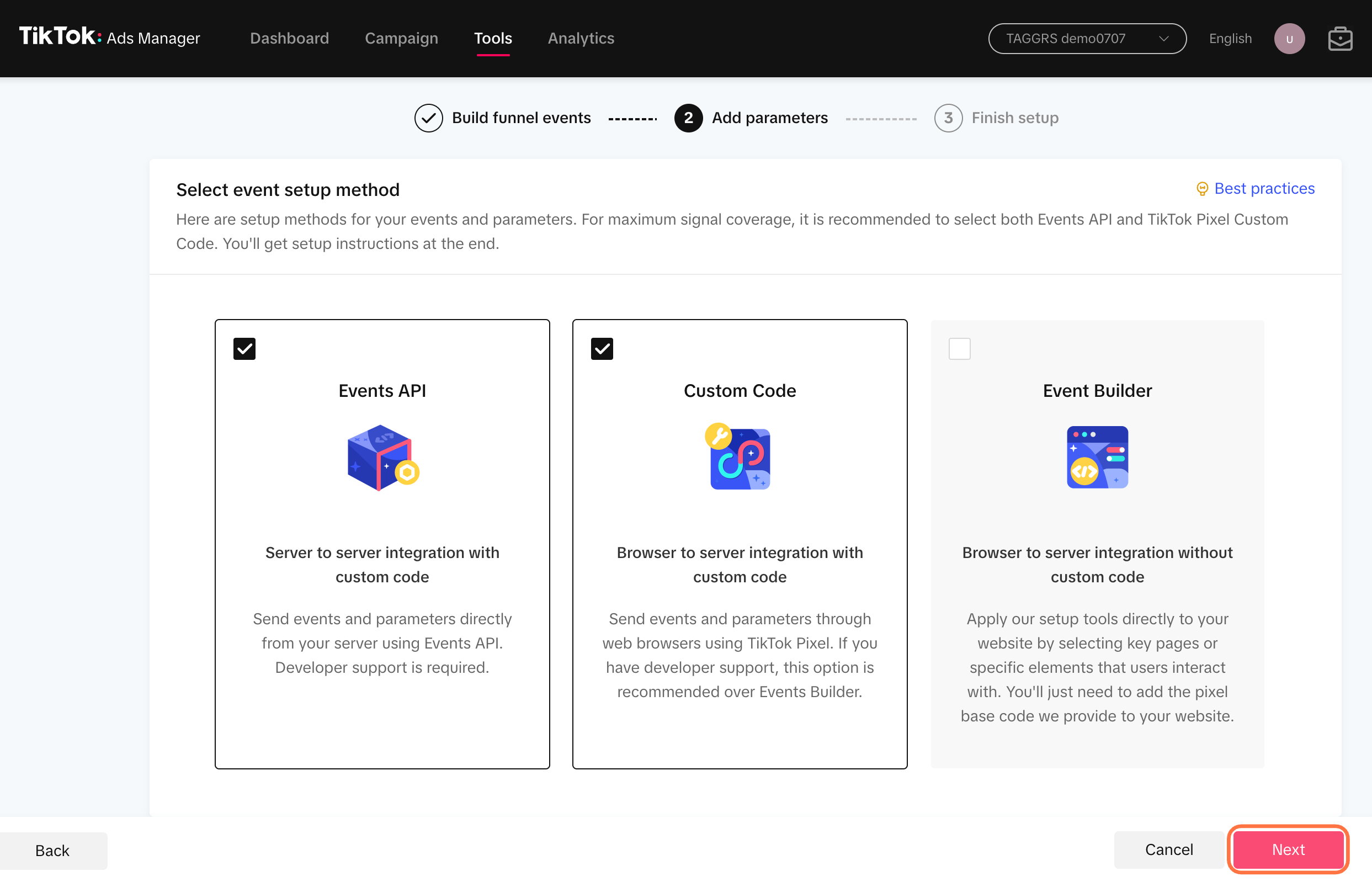 select custom code and events api tiktok pixel in ads manager