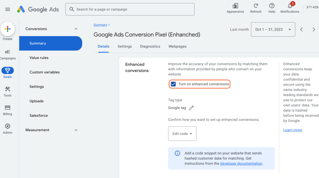 turn on enhanced conversions google ads