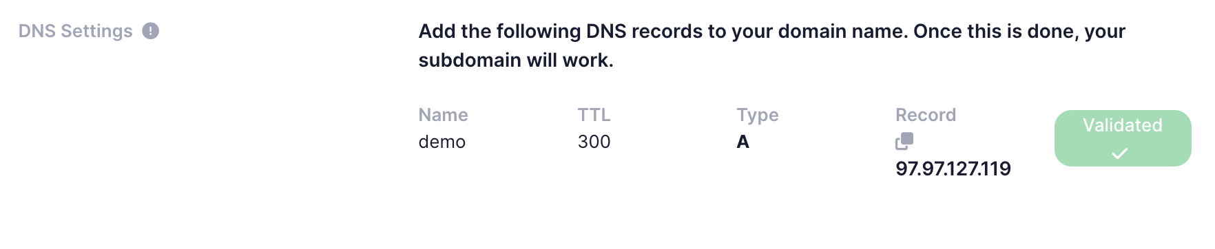 validated dns records taggrs dashboard
