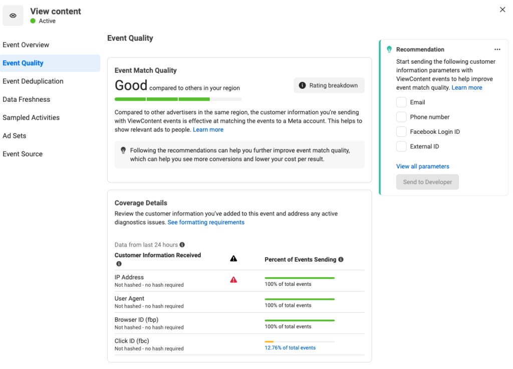 facebook event match quality score example events manager