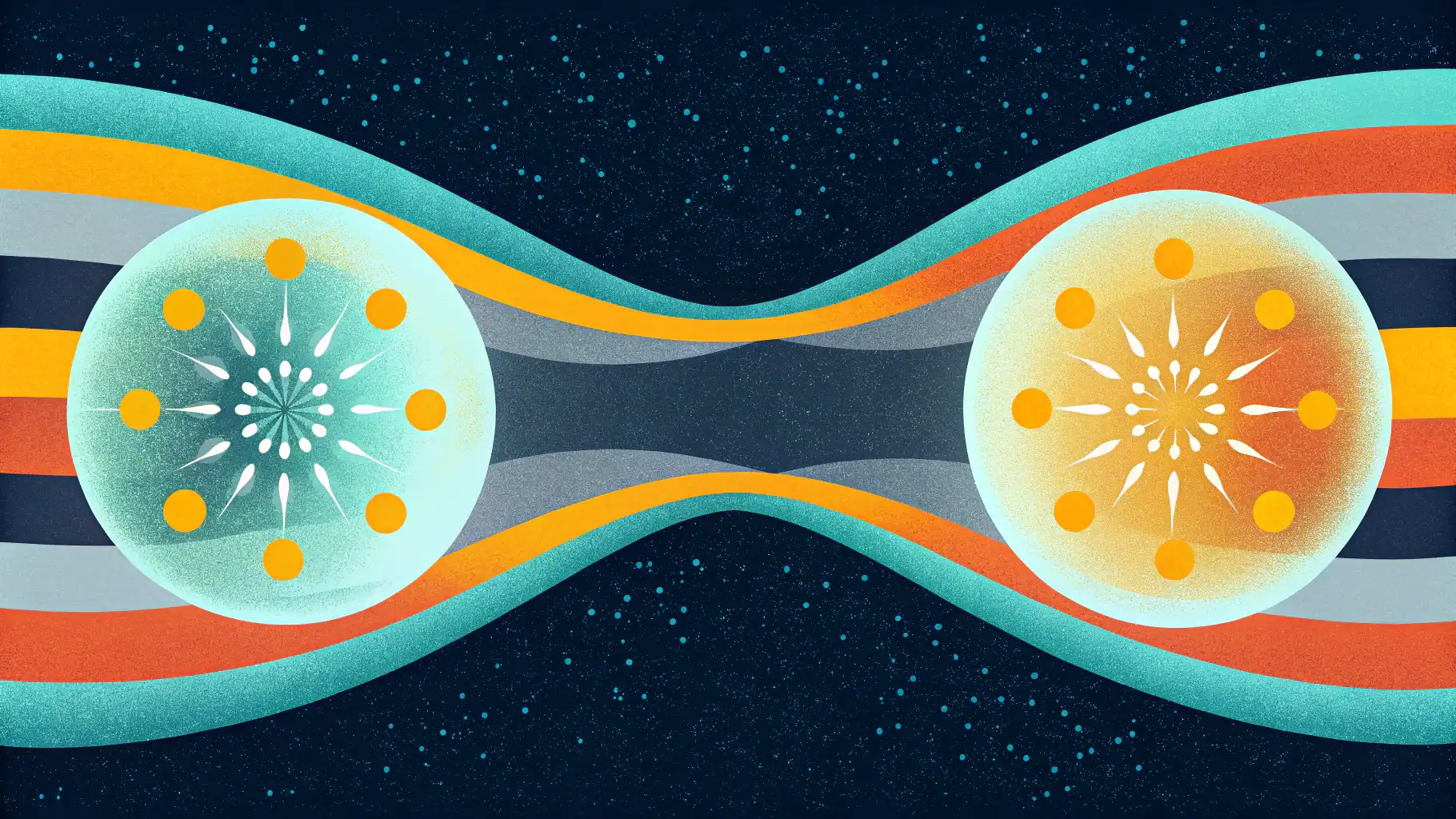 EU-US Data Privacy Framework cover: Two semi-transparent spheres in space symbolizing transatlantic data transfers—one with swirling blue-gold particles and 12-star EU pattern, the other with U.S. ribbon motifs—connected by a selective membrane allowing lawful glowing data flows under DPF, Schrems II, and GDPR compliance.