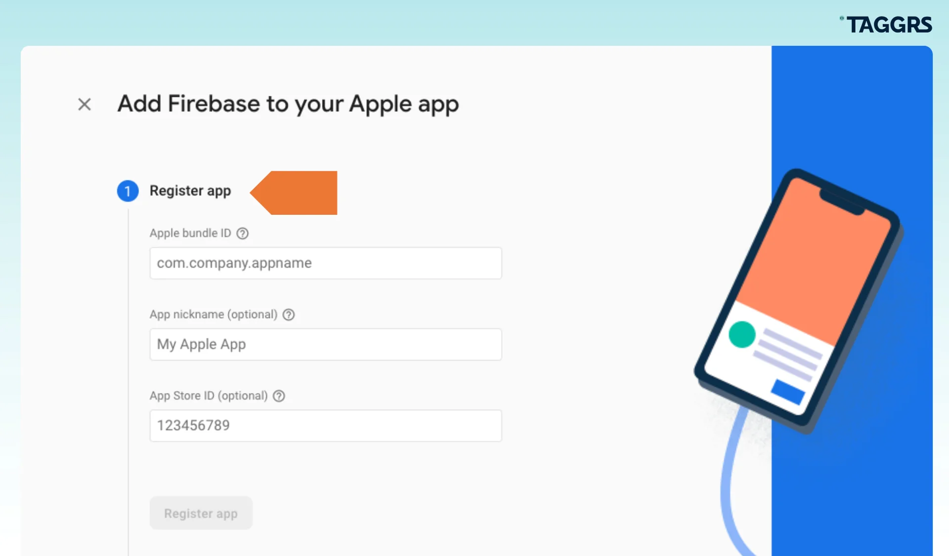 The first step to set up server-side tracking for mobile apps is to register your app on Google Firebase by using its ID bundle