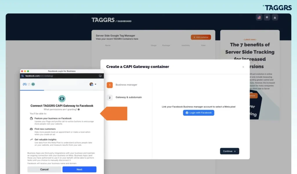 Link your Facebook Business account to select a Meta Pixel to connect to the CAPI Gateway