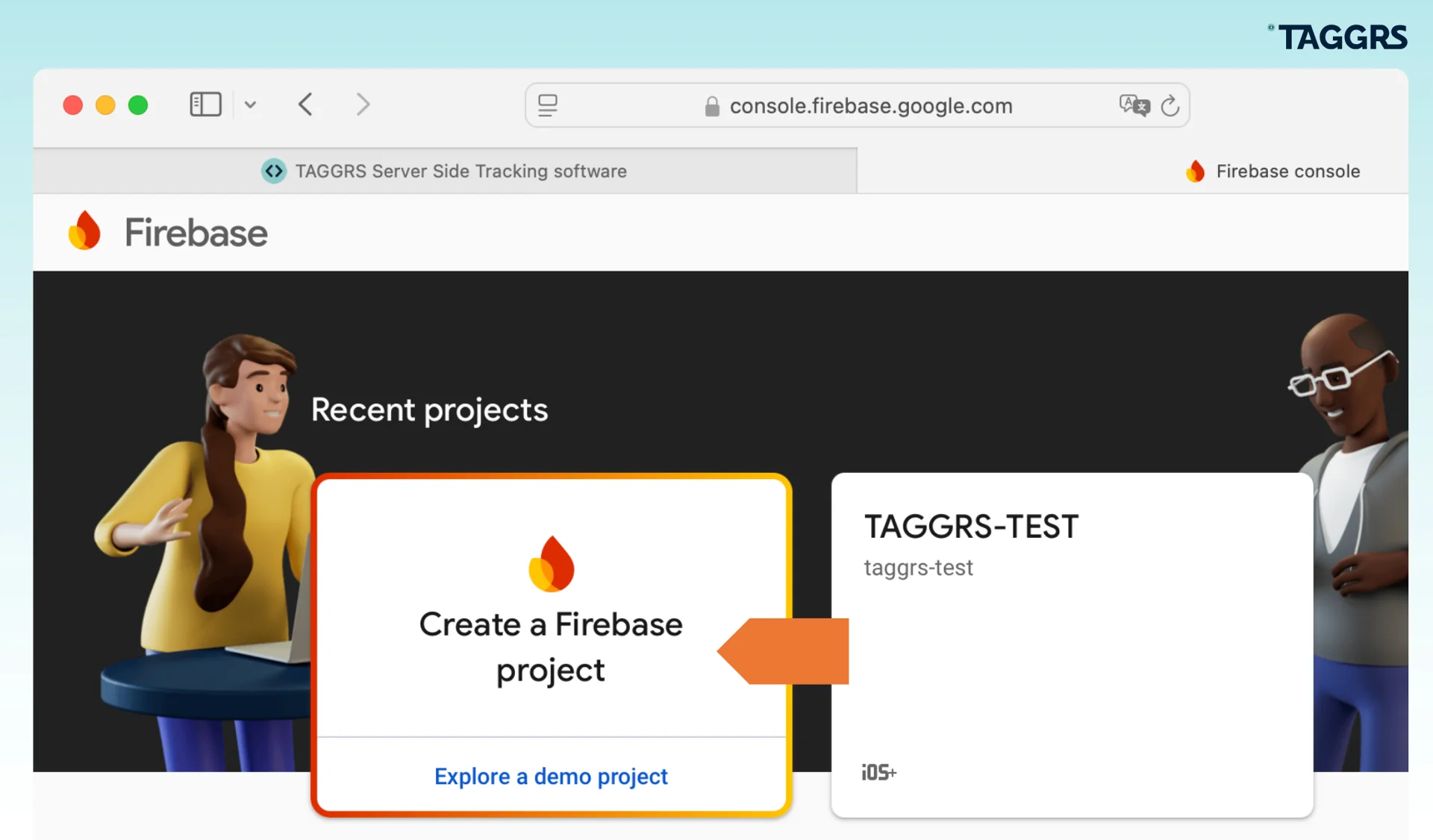 Google Firebase console's homepage. An arrow indicates the option Create a Firebase project: the first step to add server-side tracking for mobile apps.