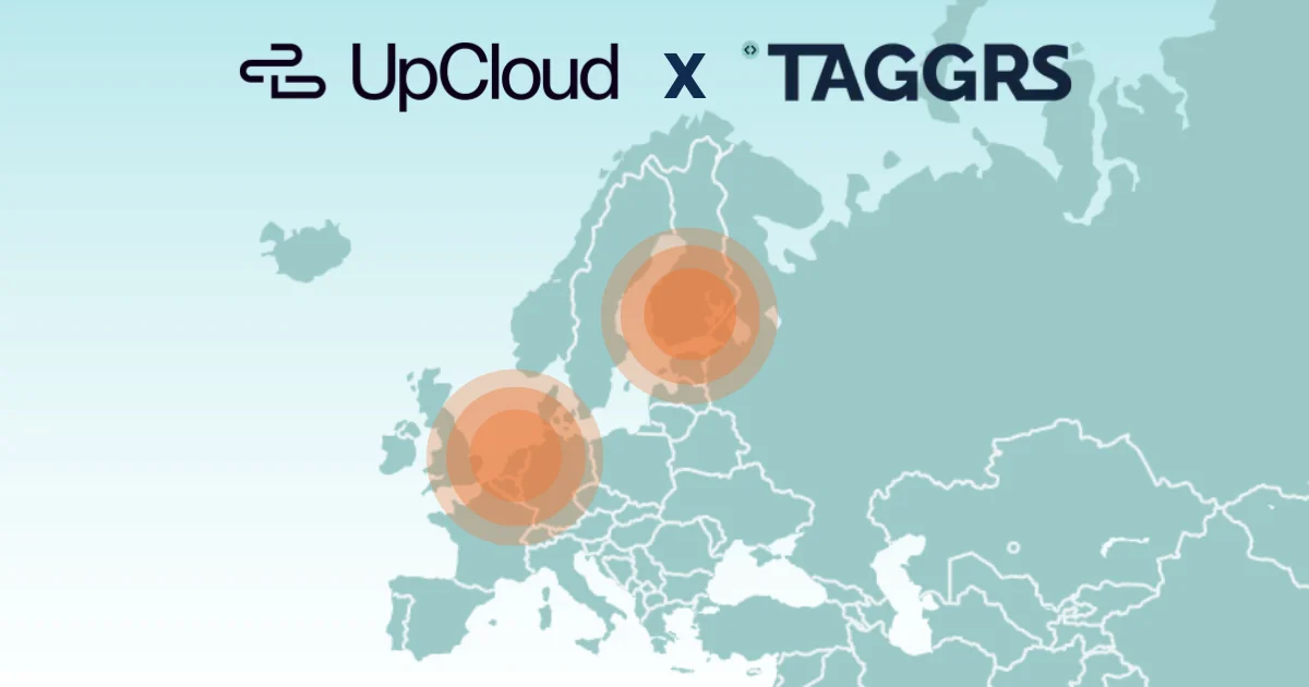 Blank map of Europe with two highlighted areas: one in Finland and another in the Netherlands. On the top, two logos of UpCloud and TAGGRS
