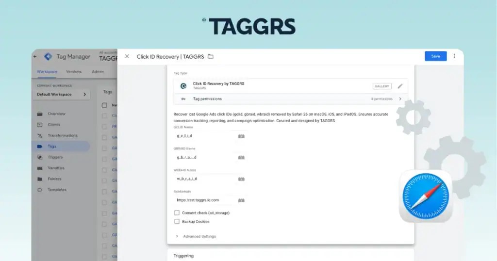 Taggrs logo and dashboard screenshot for SEO and branding.