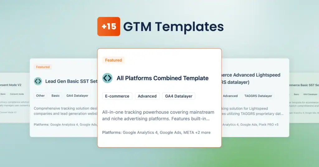 TAGGRS V2 walkthrough 2 Fond dégradé avec un curseur de 5 modèles de suivi par TAGGRS, parmi eux : Lead Gen Basic SST Setup, All Platforms Combined Template, et Ecommerce Advanced Lightspeed (TAGGRS Data Layer).