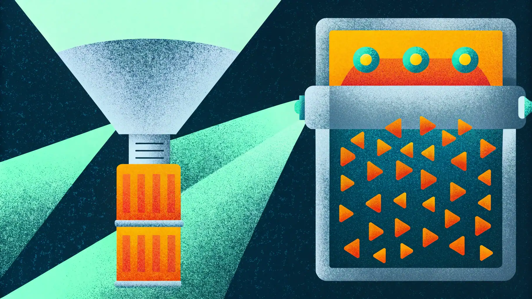 Chaotic, noisy clusters of jagged data particles on one side, gradually transforming into smooth, uniform data waves as they pass through a minimalist geometric filter. Represents filtering bots in GA4, robots.txt, and server-side.