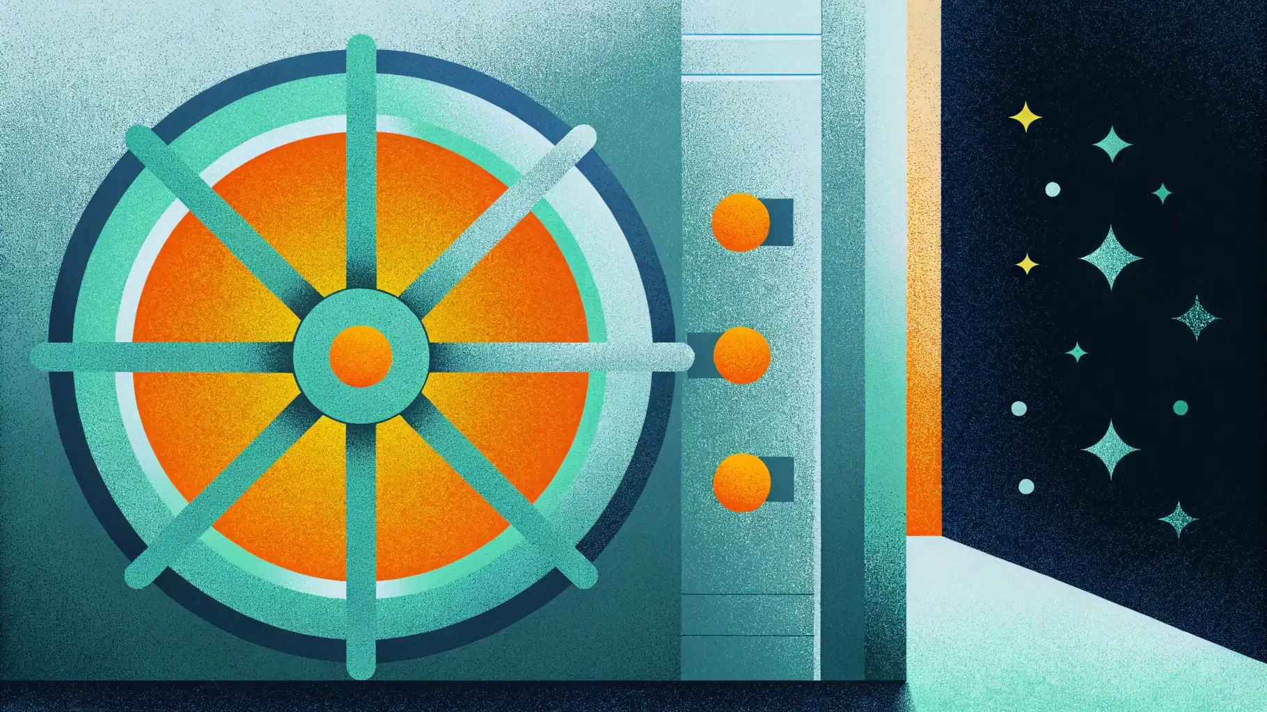 A stylized, abstract vault made of interlocking shapes and soft gradients. Inside: glowing nodes representing PII. Outside: darkened data particles representing threats (breaches, identity theft). A metaphor for secure PII governance.