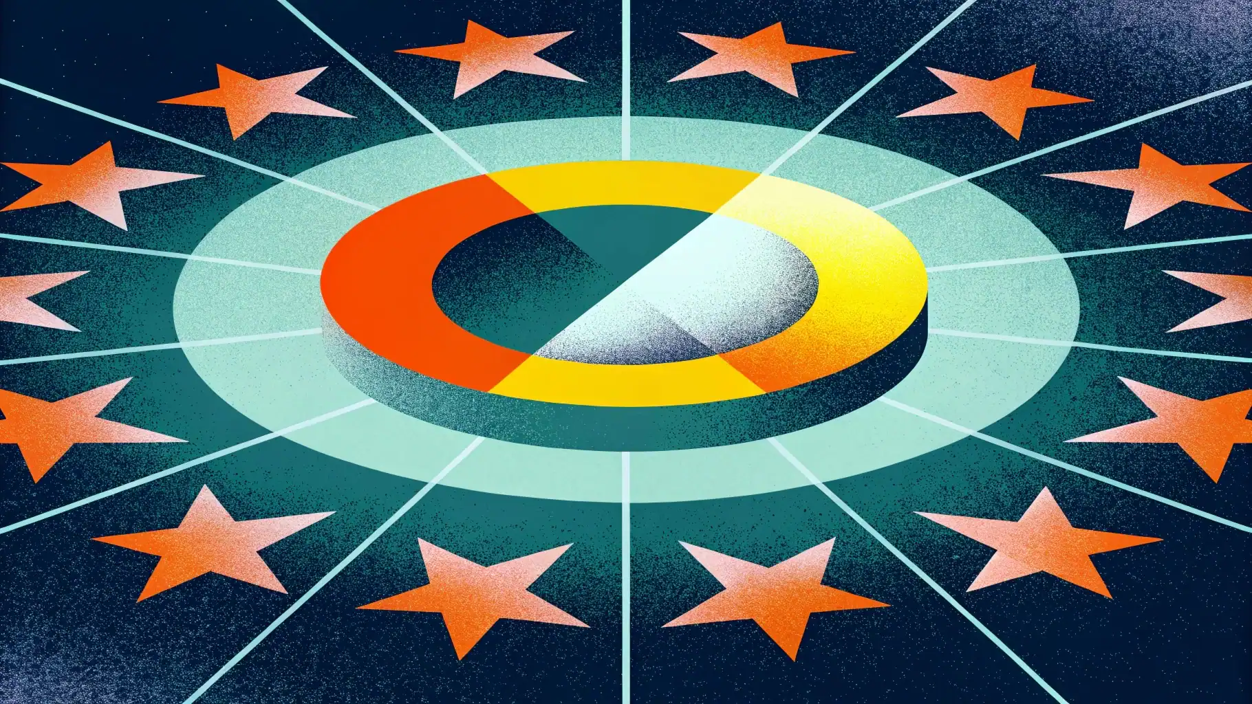 Abstract illustration inspired by the EU flag with twelve stars reimagined as geometric glowing shapes. The EU circle is integrated into a composition symbolizing data signals, security, and compliance. Deep blue and vibrant yellow as core colors with added muted reds and greys on the performance side. Minimalist futuristic tech aesthetic no text.