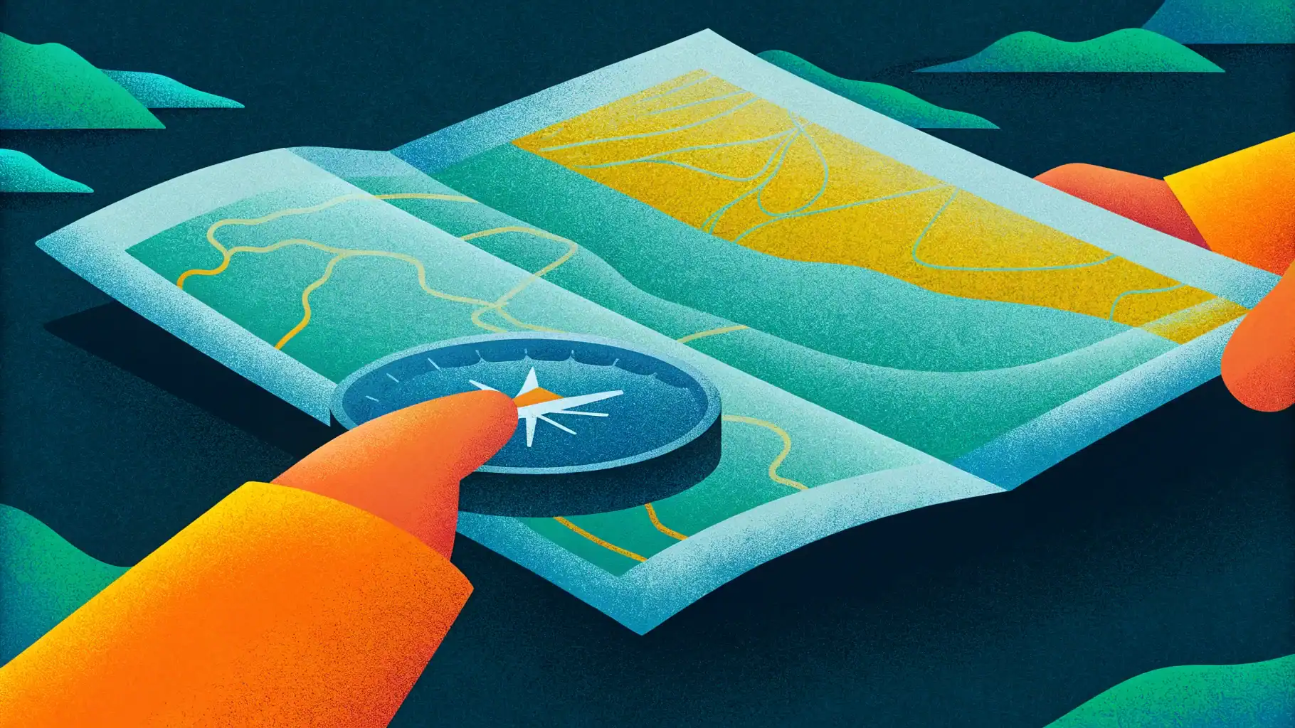 Hands holding map and compass