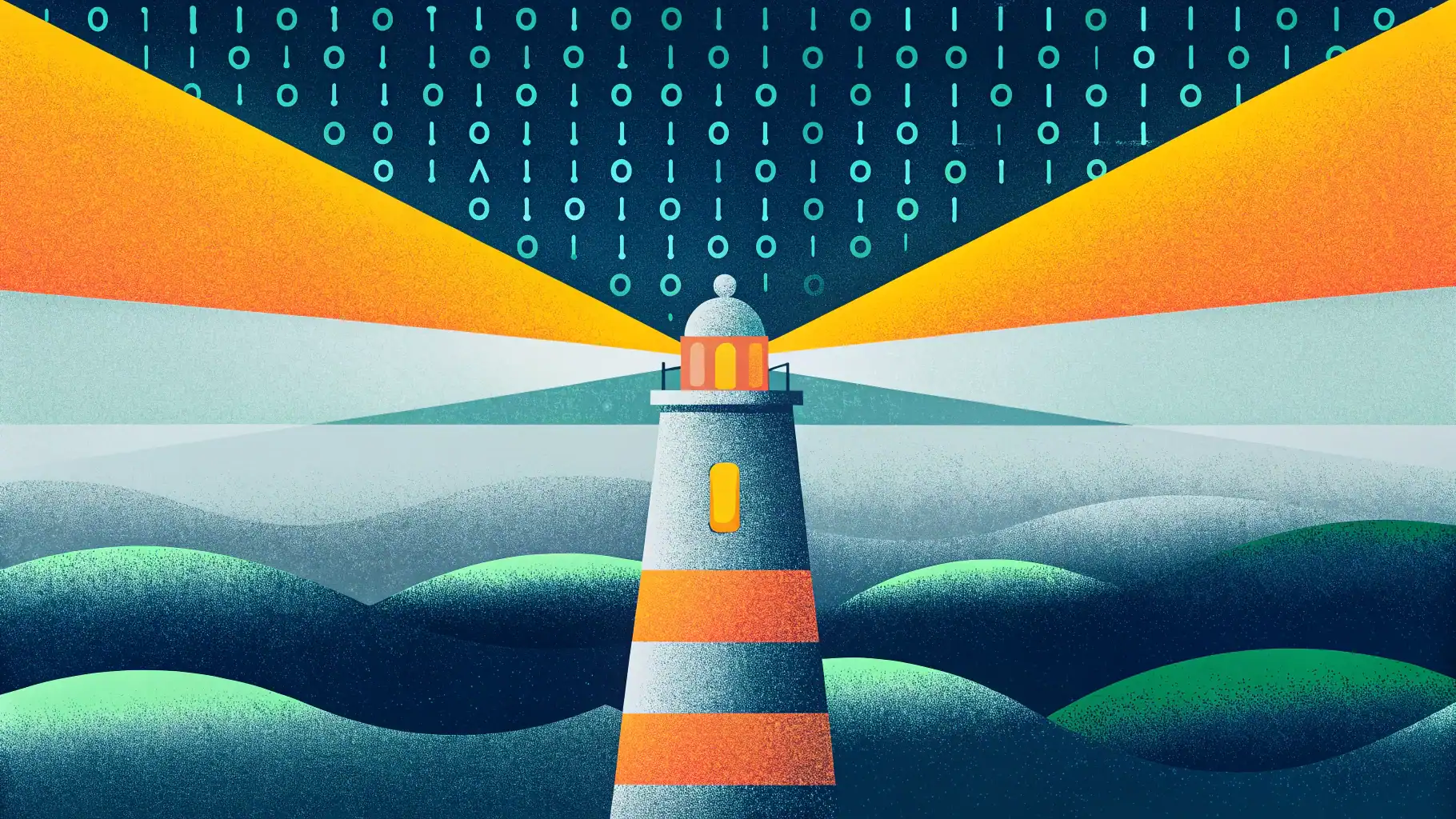 Lighthouse illuminating binary code ocean