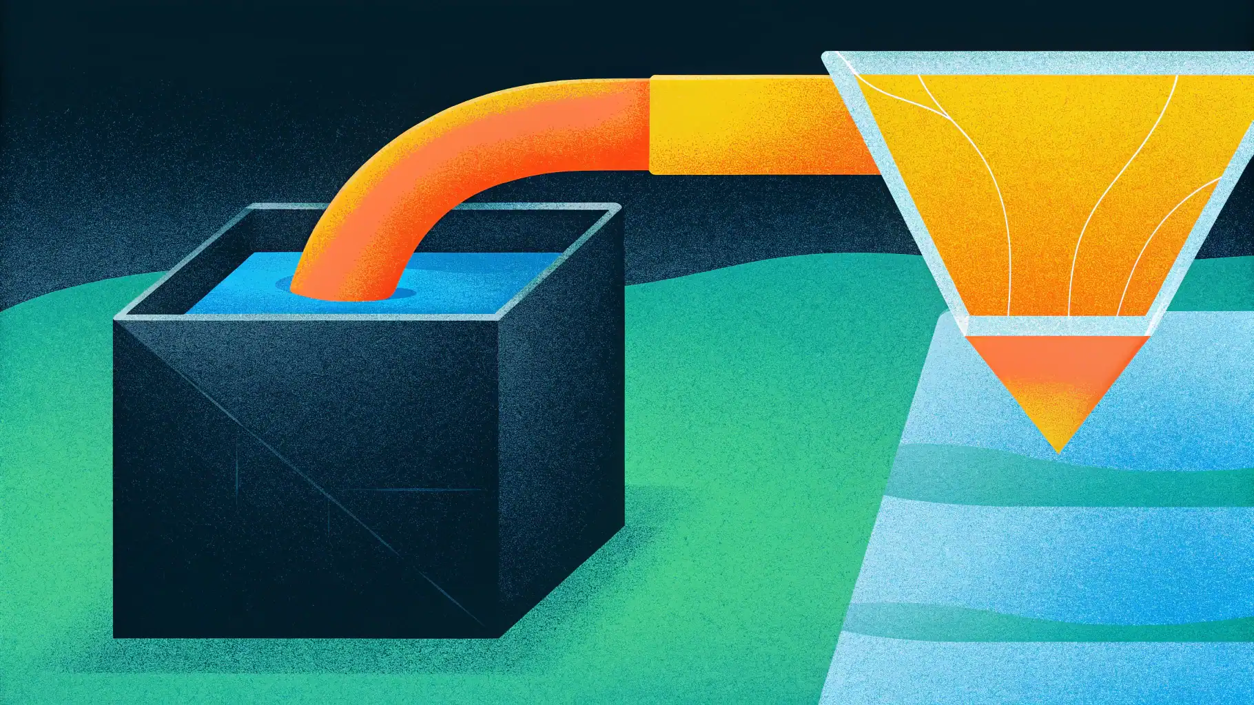 An abstract transition scene: a fragmented data flow entering a dark, opaque box on the left (symbolizing Google Analytics 4) and emerging on the right as a clean, structured stream flowing into a transparent, geometric container representing BigQuery.