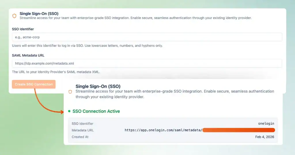 Inicio de sesión único (SSO) para equipos de Tracking Server-side escalable 1 On (SSO) login screen for scalable team access management.