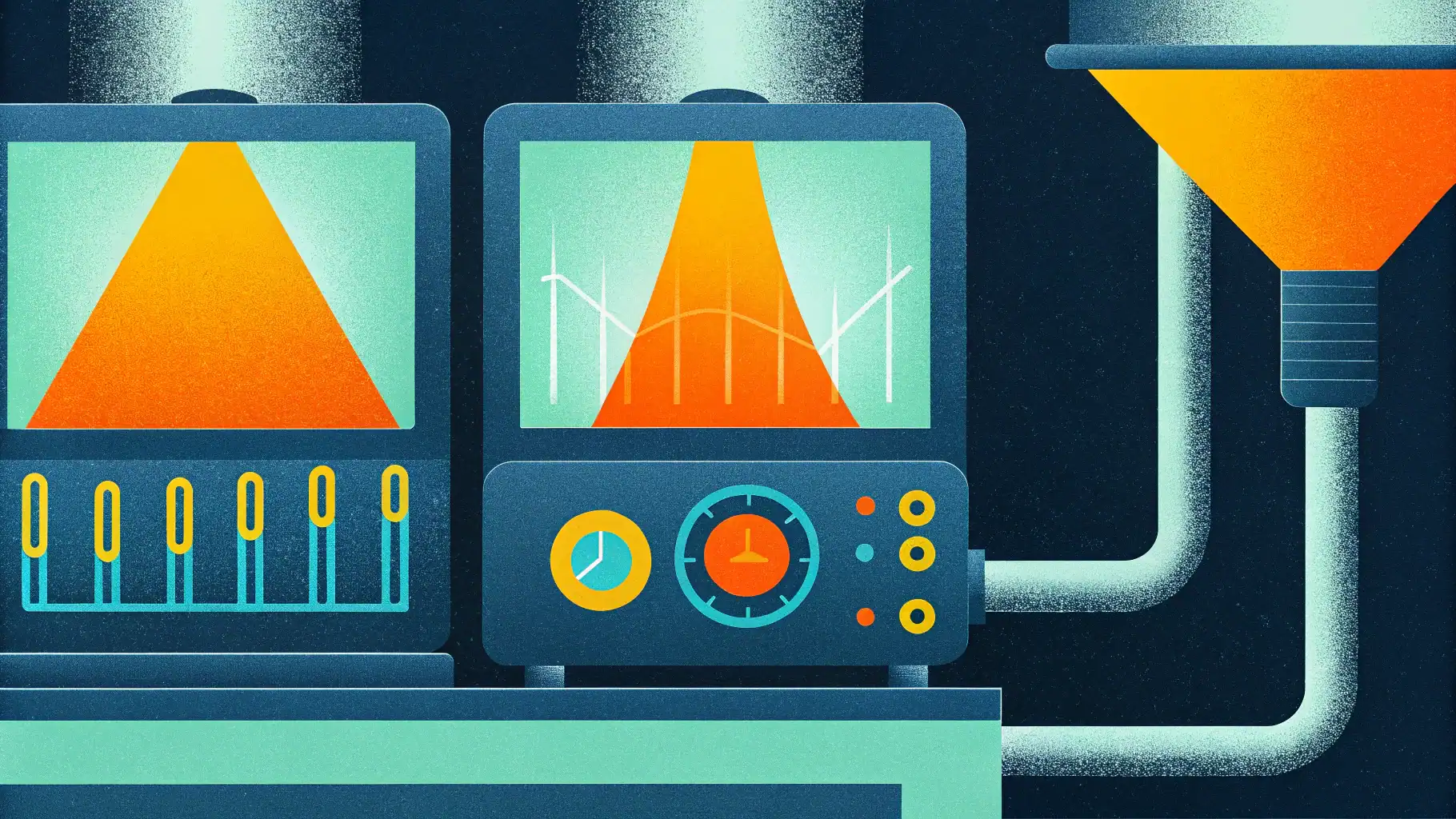 Futuristic machine powered by data streams with two outputs: server-side and client-side
