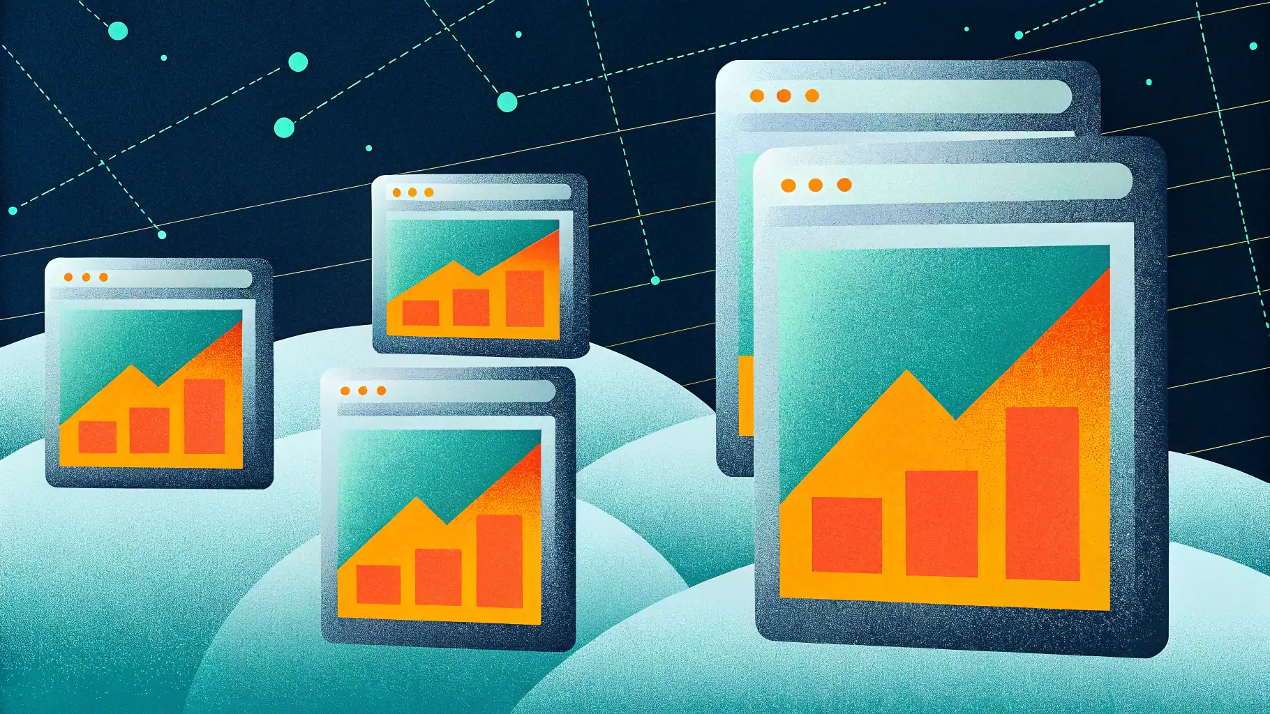 A shimmering digital landscape filled with upward graphs